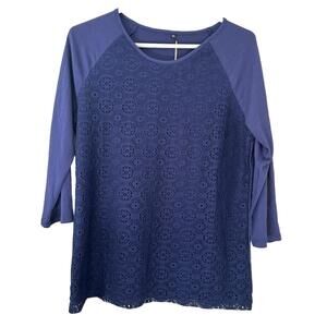 Inherit Co Shirt Amy Lace Top XL Navy Blue 3/4 Sleeves Overlay